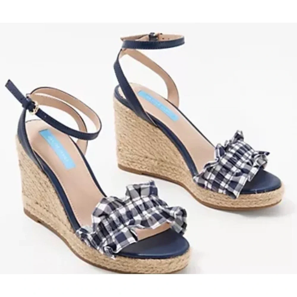Draper James Abigail Navy Gingham Ruffle Espadrille Wedge Sandals Womens 8.5 NEW